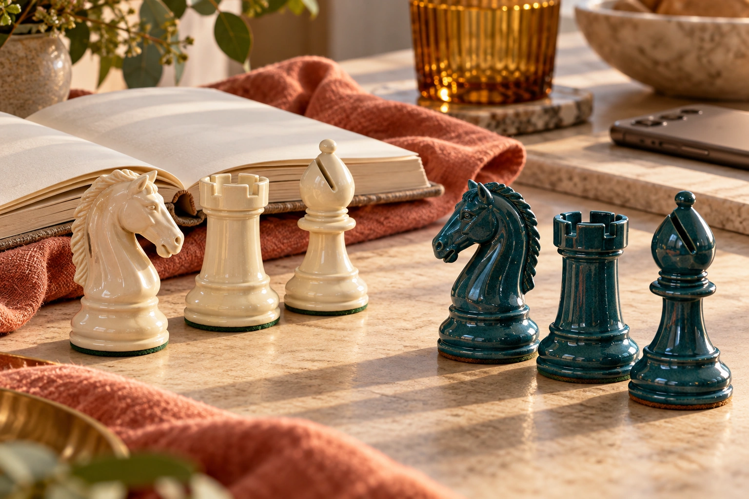 Ivory and teal knights, rooks and bishops stand beside a blank notebook, coral linen and a face-down phone.