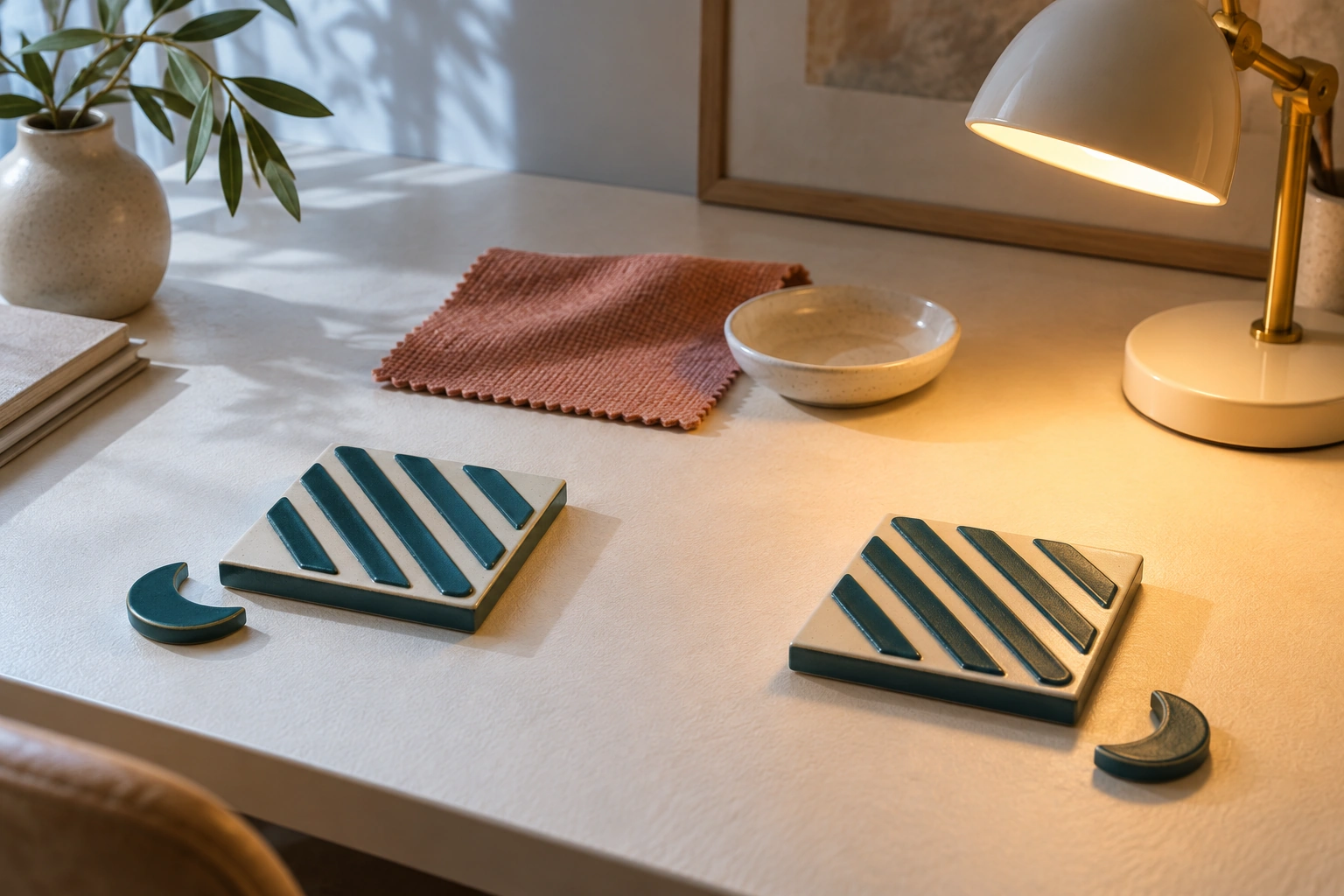 Amostras de padrões creme e verde-azulados recebem luz do dia e a luz quente de uma luminária de mesa.