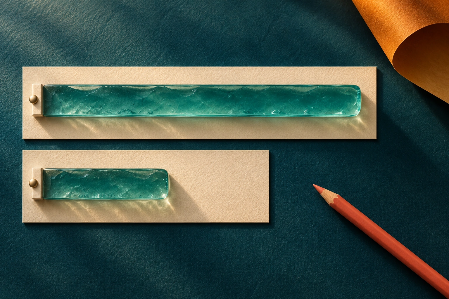 Two teal glass strips of unequal length share the same starting edge on cream panels, with a coral pencil beside them.
