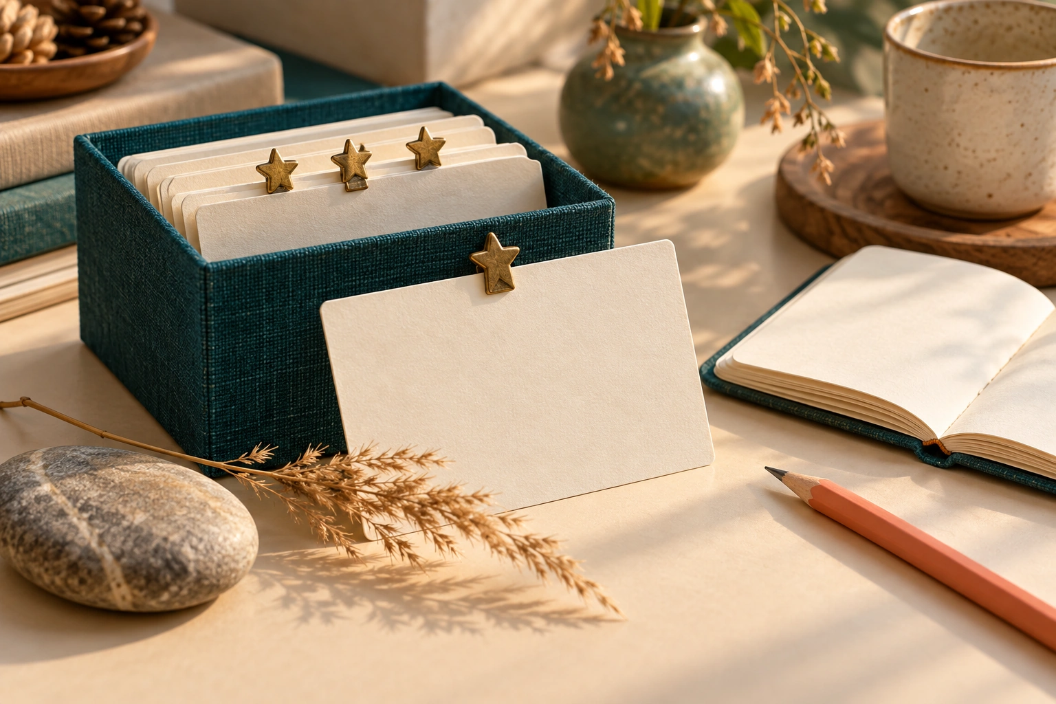 A box holds blank cards with amber star tabs; one selected card is beside a blank notebook and riverbank keepsakes.