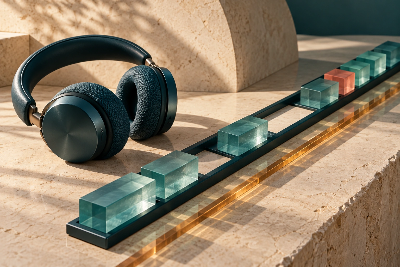 Teal headphones sit beside glass blocks with open gaps on a diagonal rail; a continuous amber strip runs alongside.