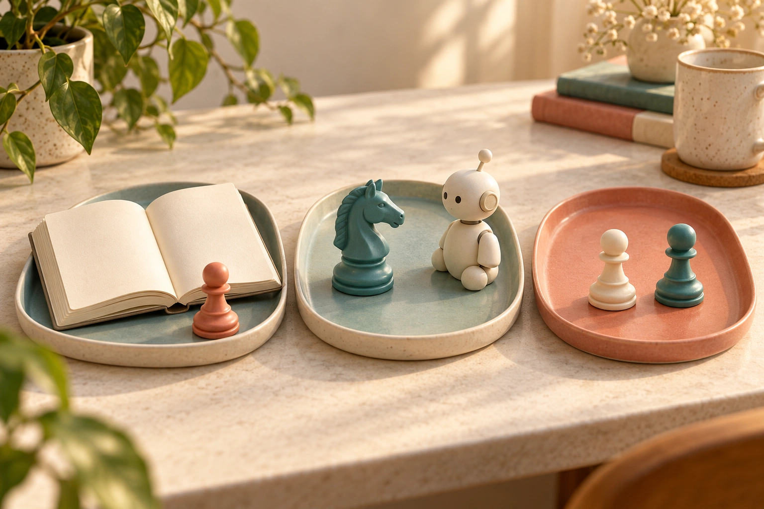 Three ceramic study trays show a pawn with a book, a knight with a small robot, and two pawns facing each other.