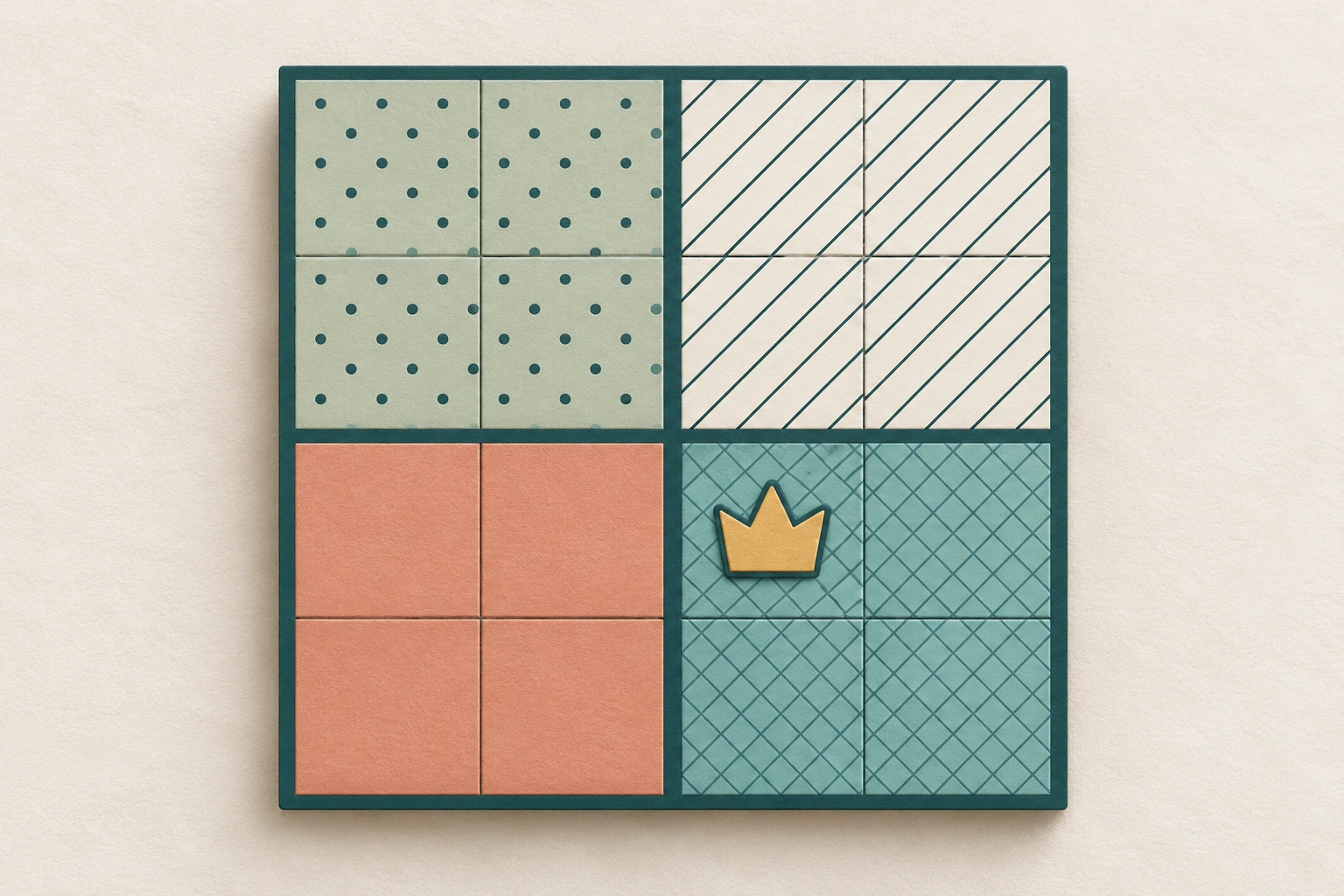 Uma ilustração de um tabuleiro quadrado diferencia quatro regiões com pontos, listras diagonais, preenchimento sólido e hachuras cruzadas, com bordas marcantes e uma coroa contornada.