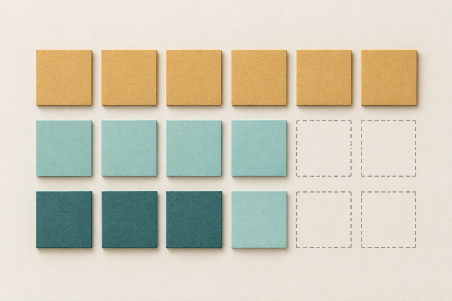 Three rows of six positions show all elapsed time in ochre, four measured intervals in teal, and three near-reference intervals in darker teal; two missing intervals stay empty.