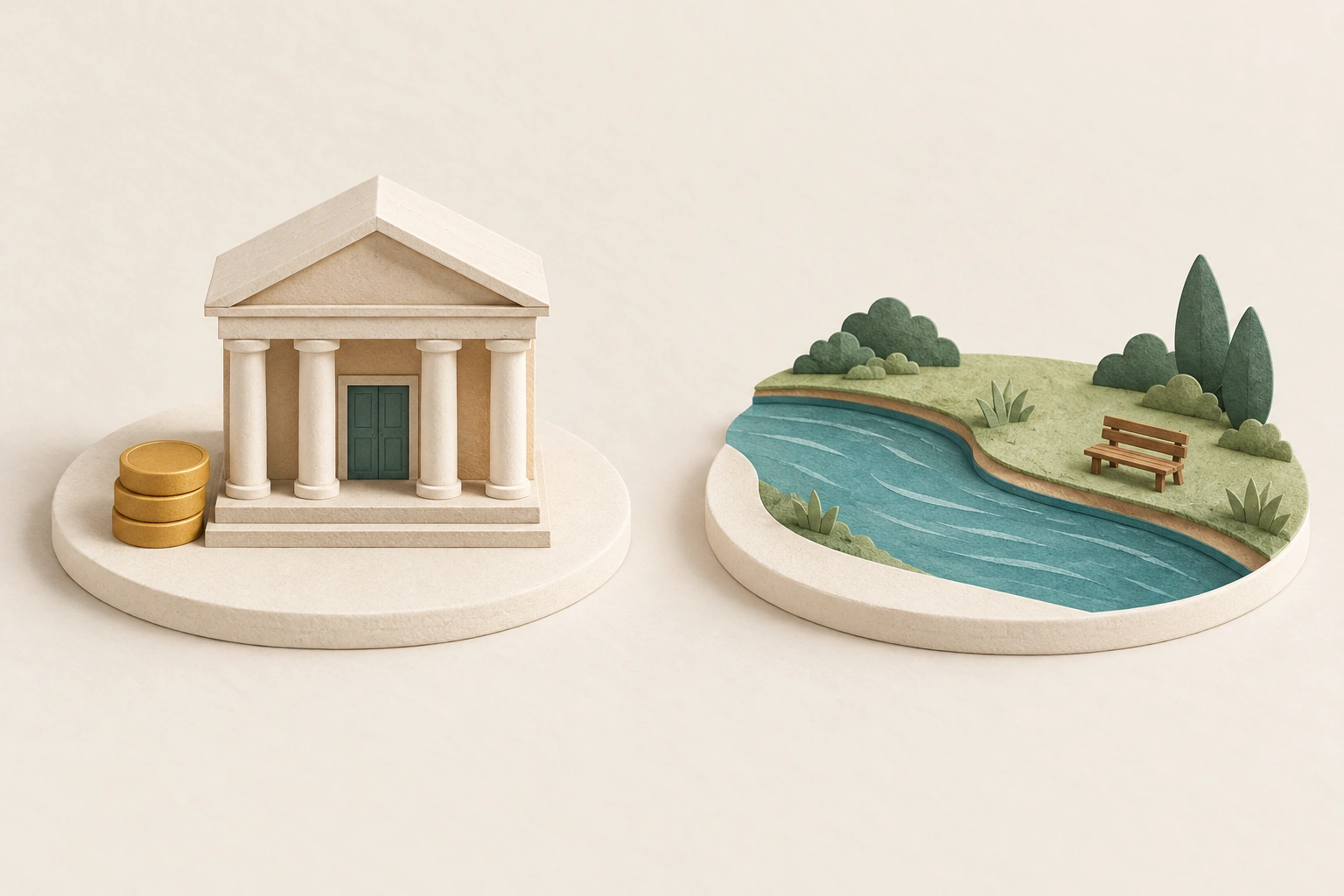 Two miniature scenes show a bank building with unmarked coin tokens and a grassy river bank with a bench beside the water.
