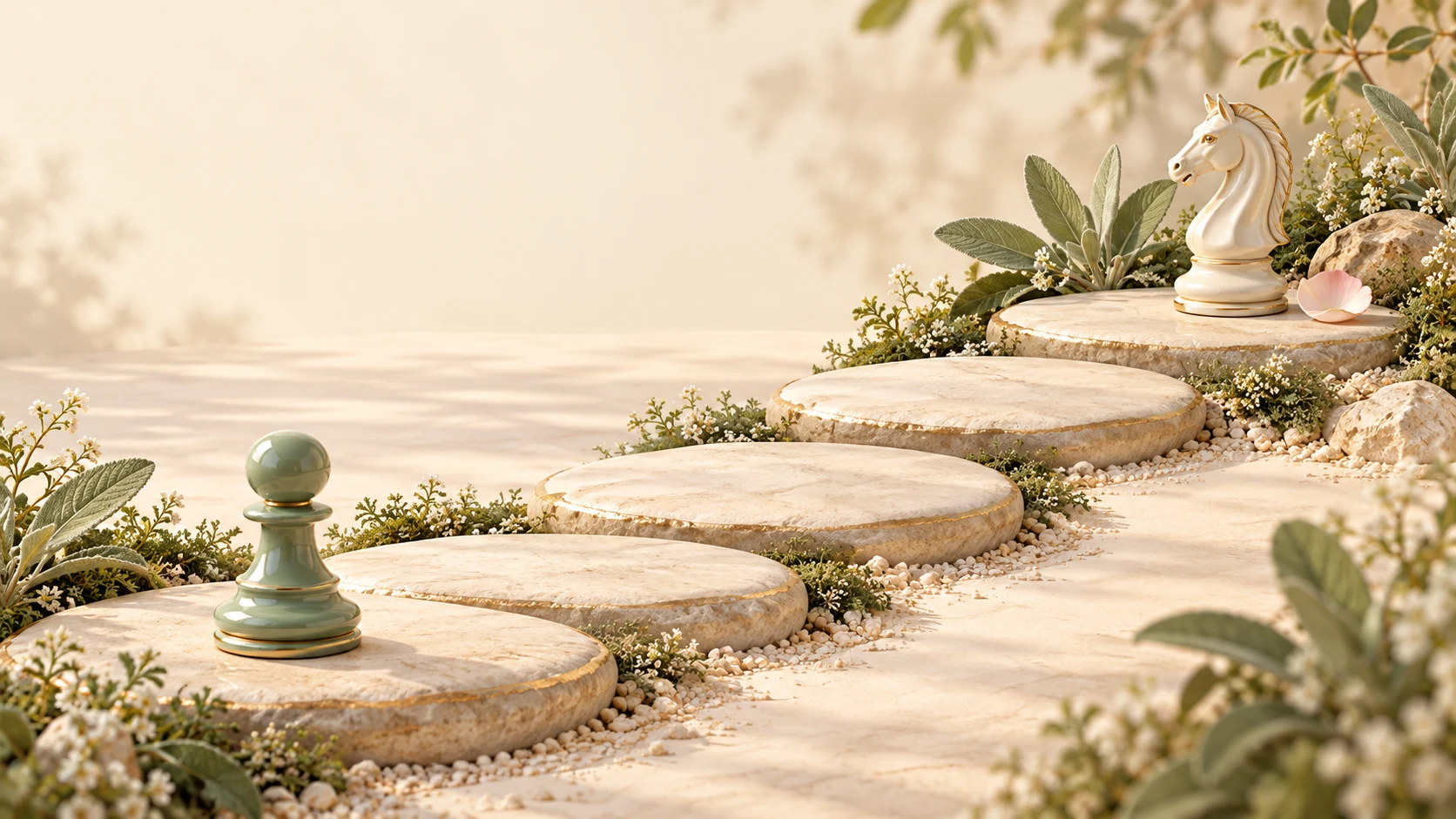 An illustrated garden path from a pawn to a knight, representing a chess learning journey