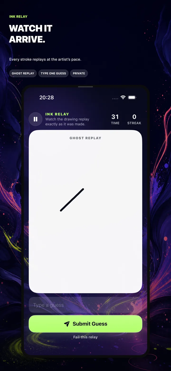 CharadePulse Ghost Ink Relay drawing replay screen