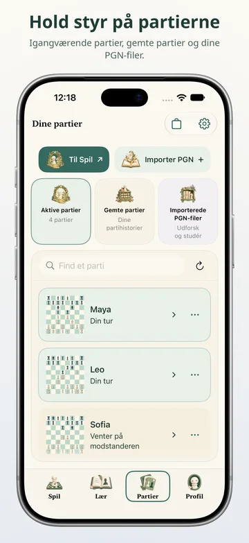 Pawnpetal Chess: Aktive partier, gemte spil og PGN-filer