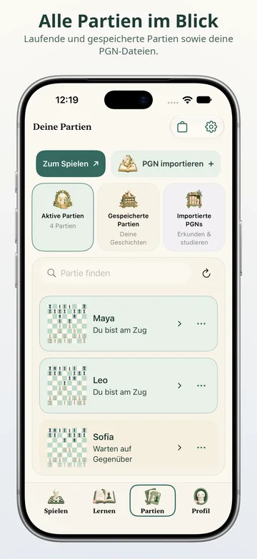Pawnpetal Chess: Aktive Partien, gespeicherte Spiele und PGN-Dateien