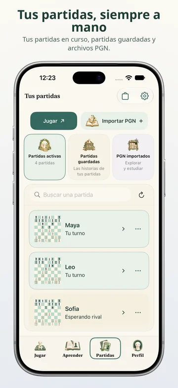 Pawnpetal Chess: Partidas activas, juegos guardados y archivos PGN