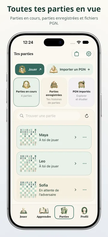 Pawnpetal Chess: Parties actives, parties enregistrées et fichiers PGN