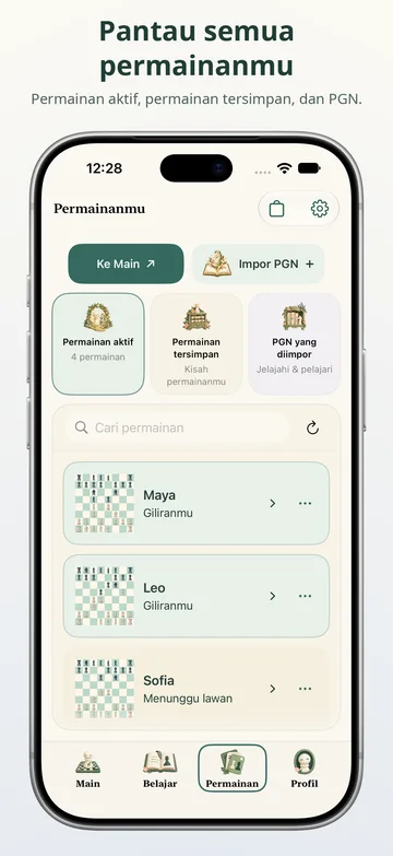 Pawnpetal Chess: Pertandingan aktif, permainan tersimpan, dan berkas PGN