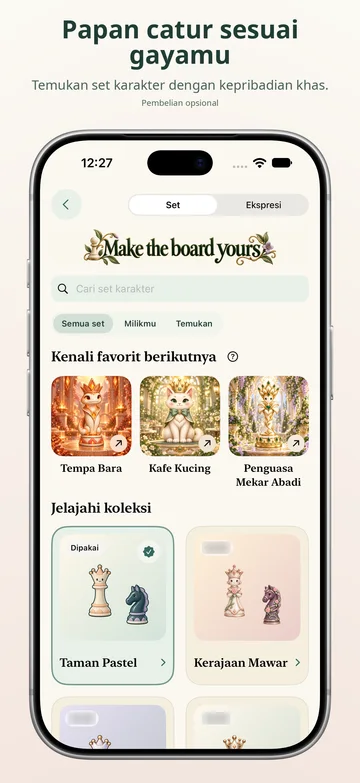 Pawnpetal Chess: Set karakter dan pilihan tampilan