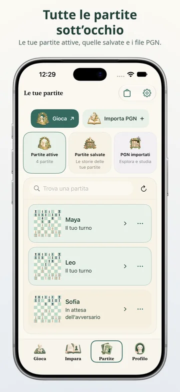 Pawnpetal Chess: Partite attive, partite salvate e file PGN