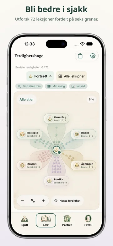 Ferdighetstre med interaktive leksjoner i Pawnpetal Chess