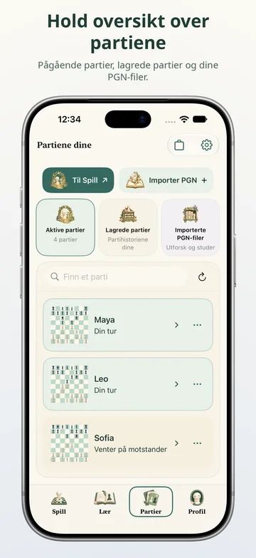 Pawnpetal Chess: Aktive partier, lagrede spill og PGN-filer