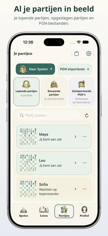 Pawnpetal Chess: Actieve partijen, opgeslagen spellen en PGN-bestanden