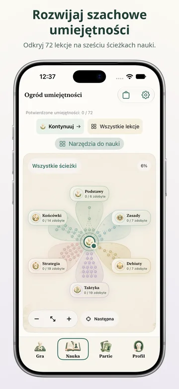 Drzewko umiejętności Pawnpetal Chess z interaktywnymi lekcjami