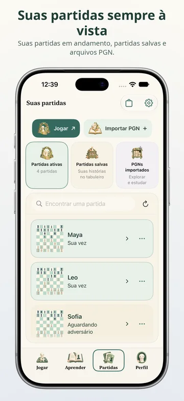 Pawnpetal Chess: Partidas ativas, jogos salvos e arquivos PGN