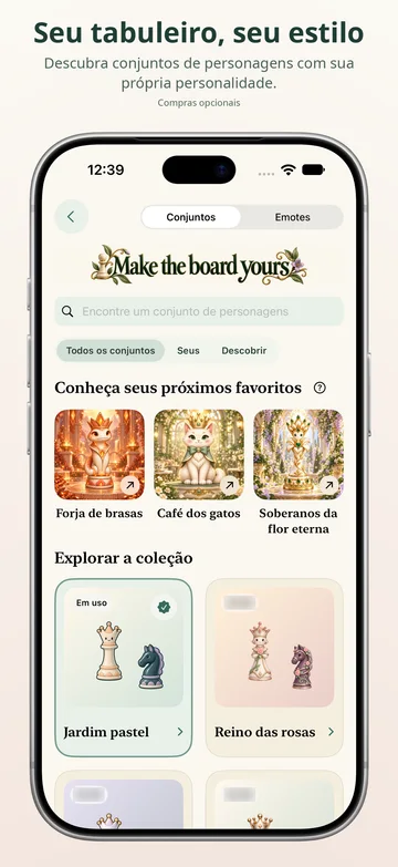 Pawnpetal Chess: Conjuntos de personagens e opções visuais