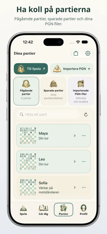 Pawnpetal Chess: Aktiva partier, sparade spel och PGN-filer