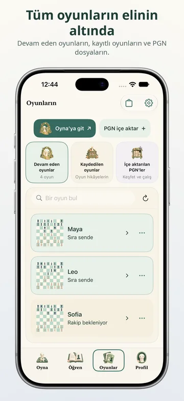 Pawnpetal Chess: Aktif maçlar, kaydedilmiş oyunlar ve PGN dosyaları
