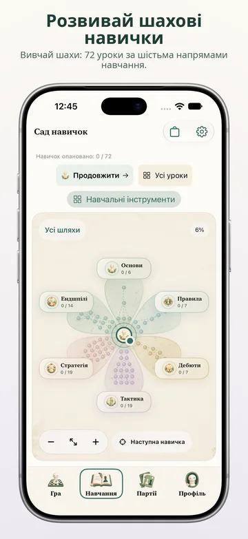 Дерево навичок Pawnpetal Chess з інтерактивними уроками