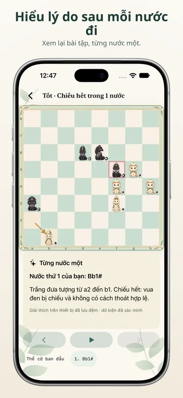 Pawnpetal Chess: Phát lại lời giải câu đố, từng nước một