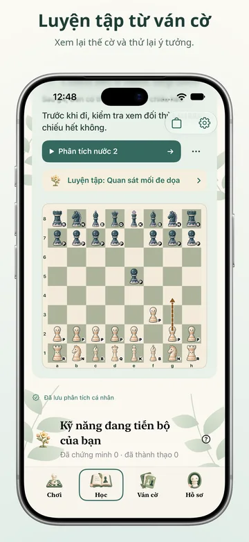 Pawnpetal Chess: Xem lại thế cờ và luyện tập ý tưởng