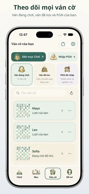Pawnpetal Chess: Ván đang chơi, trò chơi đã lưu và tệp PGN
