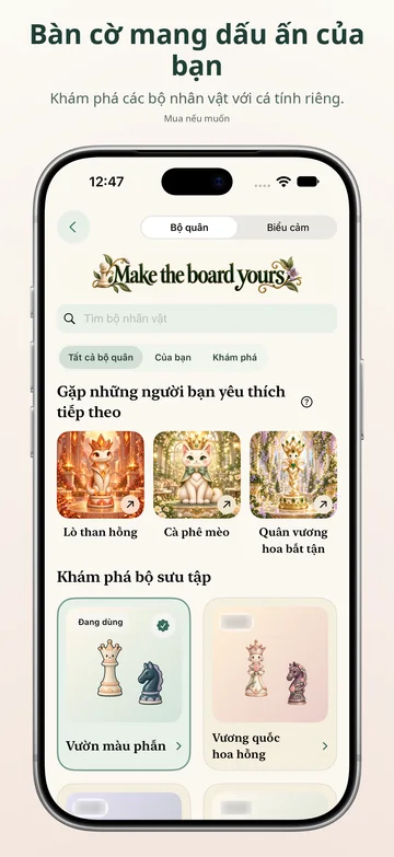 Pawnpetal Chess: Bộ nhân vật và tùy chọn giao diện