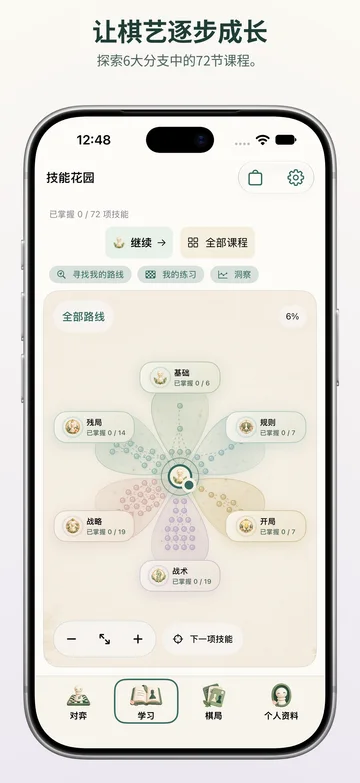 Pawnpetal Chess包含互动课程的技能树