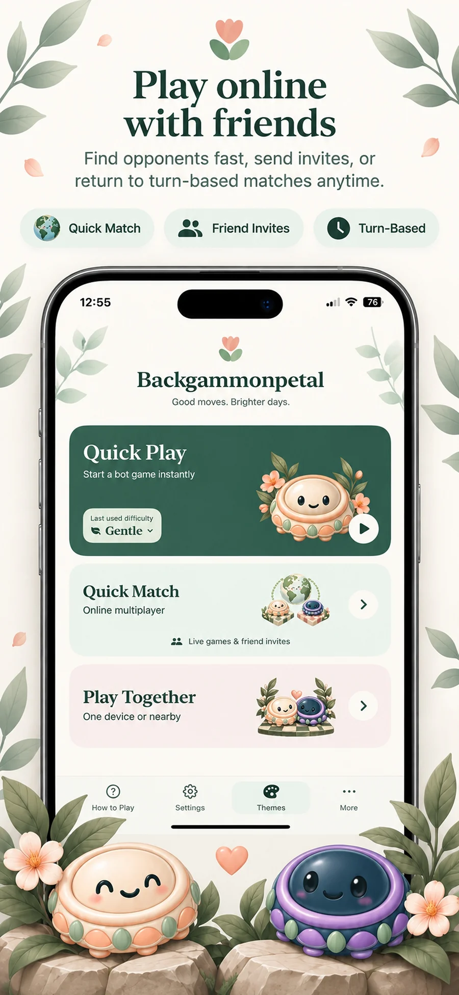 Backgammonpetal’s online-play preview showing Quick Match, friend invitations and turn-based play