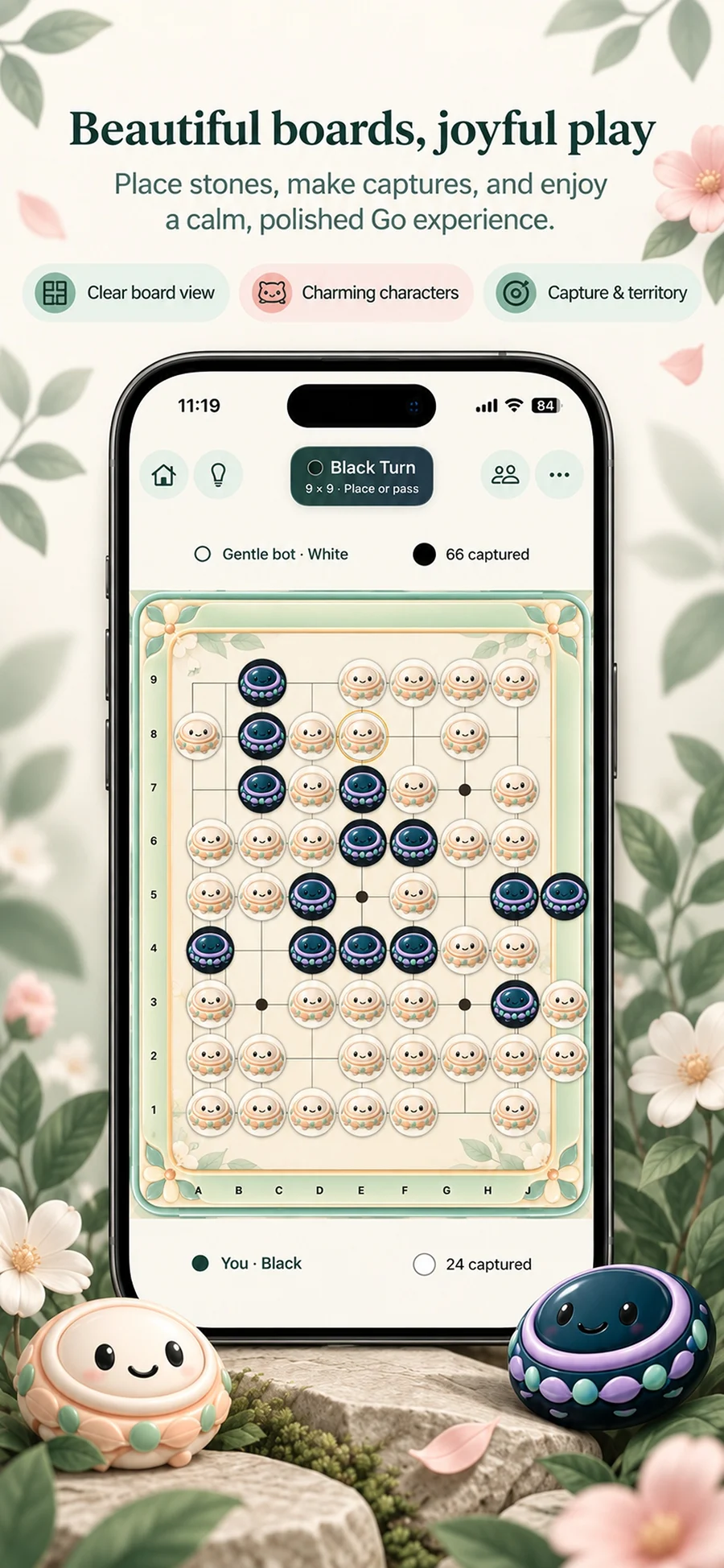 Gopetal’s iPhone preview showing a Go board with illustrated stones