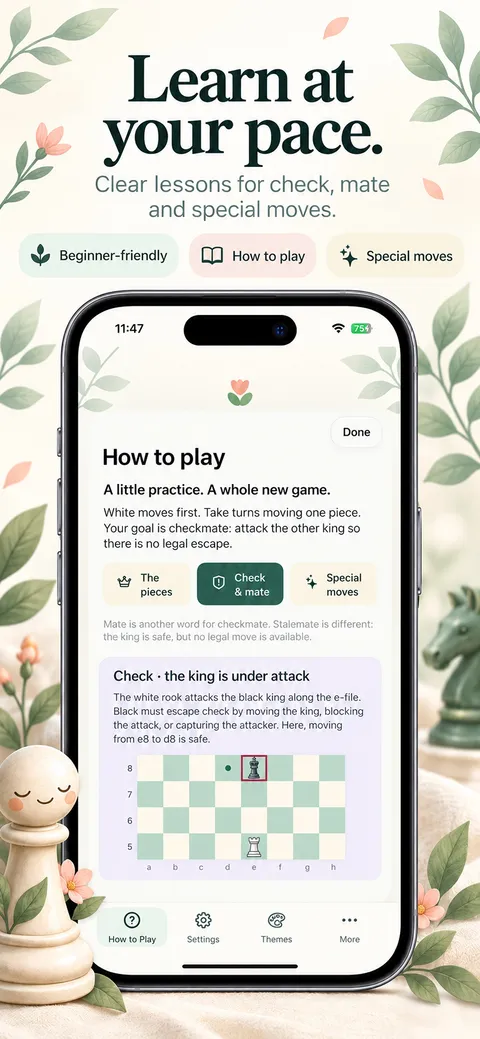 Pawnpetal: Learn check, mate and special moves (iPhone)