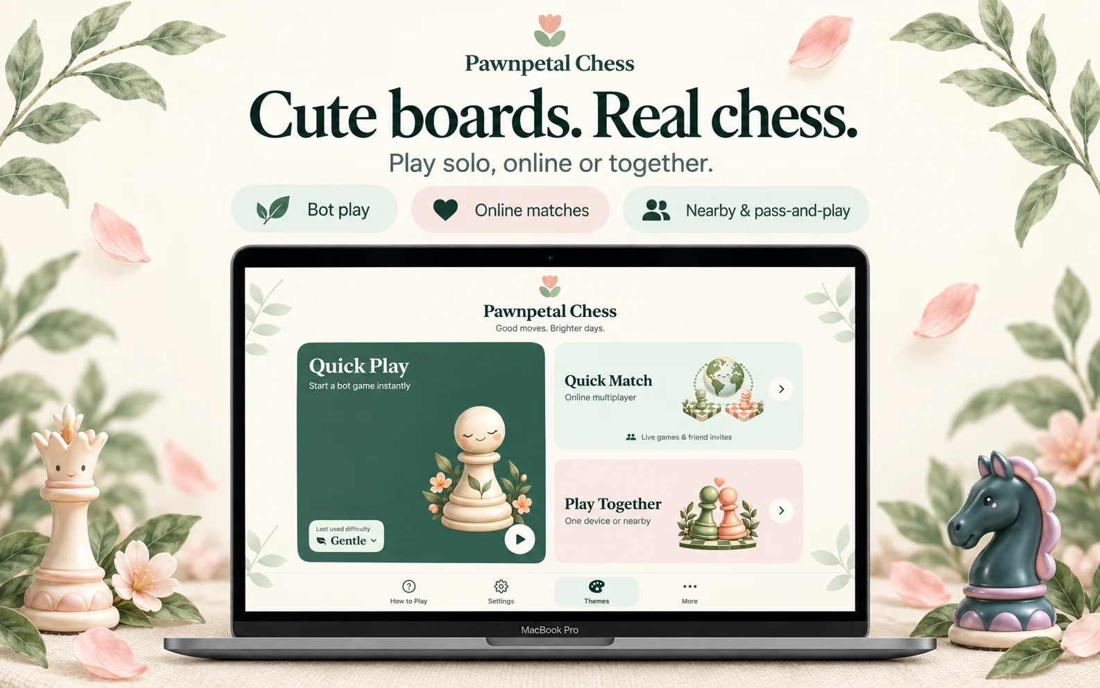 Pawnpetal chess on a Mac, surrounded by illustrated garden characters