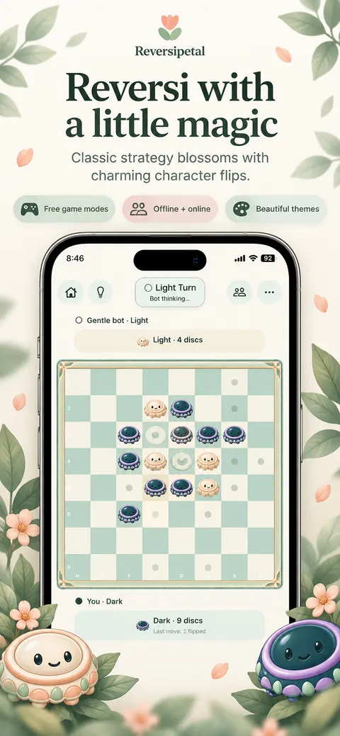 Reversipetal: Reversi with character flips (iPhone)