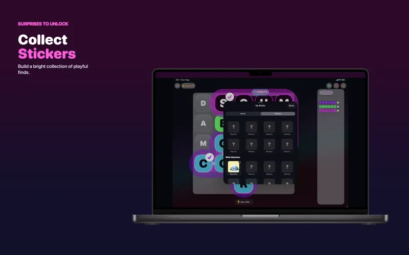 Wendpetal: Word Search: Mac sticker collection panel over a puzzle (Mac)