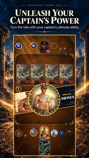 Covenant Cards · Android: Moses appears in the captain’s ultimate-ability animation over the battlefield.