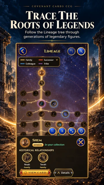 Covenant Cards · Android: The Lineage tree displays family and other connections, with Shem selected.