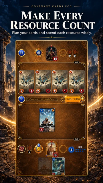 Covenant Cards · Android: The battlefield shows a Manna card, available resources and an End Turn control.