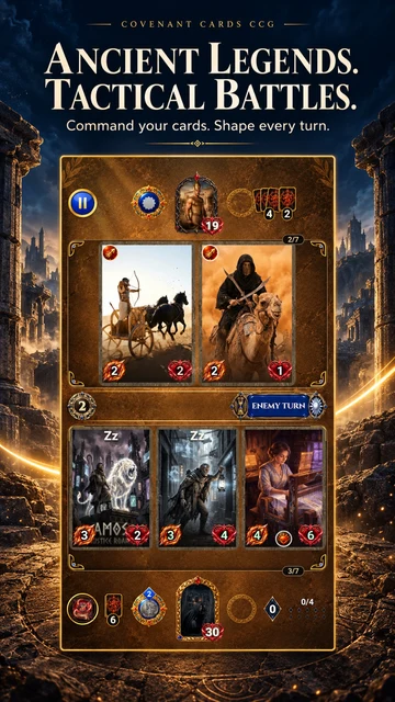 Covenant Cards · Android: A tactical battle with opposing captains, cards on both sides and an Enemy Turn indicator.