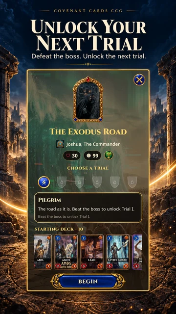 Covenant Cards · Android: The Exodus Road trial selection shows Pilgrim, locked trials and a starting deck.