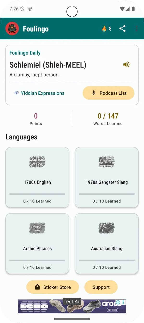 Foulingo: Daily expression dashboard and language categories