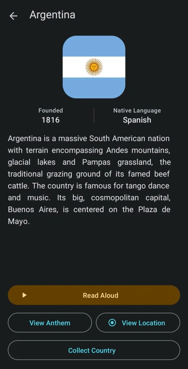 GeoMinds: Flags & Maps Trivia: Argentina information card with its flag