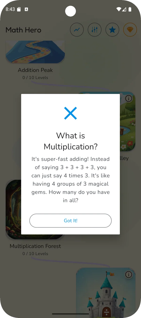 Math Hero: Fun Math for Kids: Multiplication explanation dialog