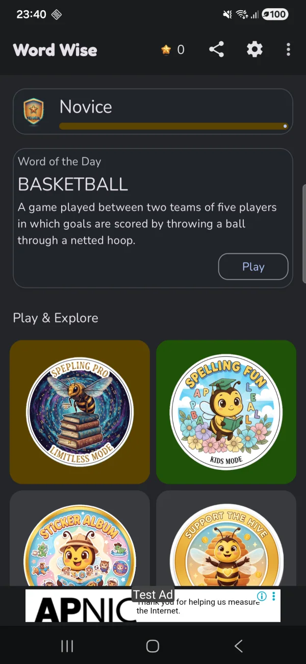 WordWise: Spelling Game: Word-of-the-day dashboard and game choices