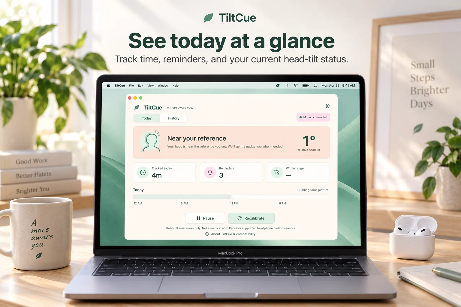 TiltCue’s Today view, with measured time, reminder events and head tilt relative to your reference